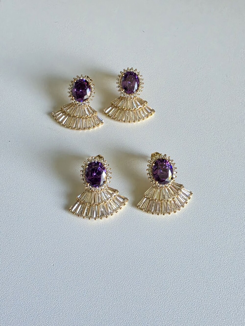 Gold Plated Purple Crystal Fan Drop Earrings Set Of 2 Pairs Statement Jewelry